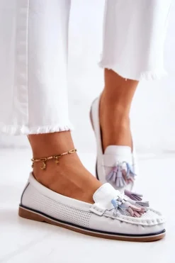 Skórzane Mokasyny Damskie Z Frędzlami Białe Laressa