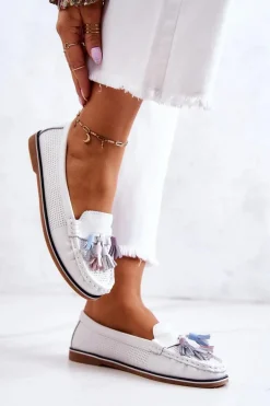 Skórzane Mokasyny Damskie Z Frędzlami Białe Laressa