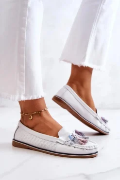 Skórzane Mokasyny Damskie Z Frędzlami Białe Laressa