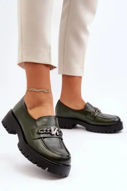 Skórzane Mokasyny Damskie Z Ozdobą Ciemnozielone Loraleima