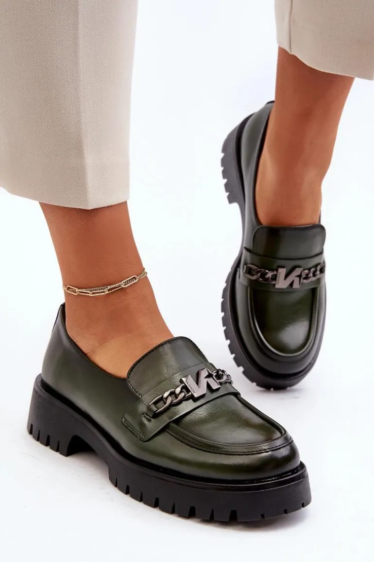 Skórzane Mokasyny Damskie Z Ozdobą Ciemnozielone Loraleima