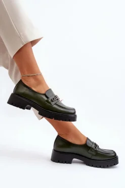 Skórzane Mokasyny Damskie Z Ozdobą Ciemnozielone Loraleima