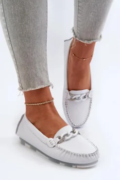 Skórzane Mokasyny Damskie Z Ozdobą Białe S.Barski LR339