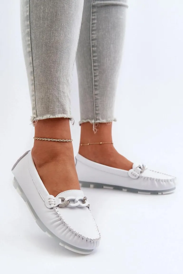 Skórzane Mokasyny Damskie Z Ozdobą Białe S.Barski LR339