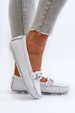 Skórzane Mokasyny Damskie Z Ozdobą Białe S.Barski LR339