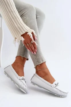 Skórzane Mokasyny Damskie Z Ozdobą Białe S.Barski LR339