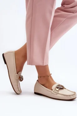 Skórzane Mokasyny Damskie Z Ozdobą Laura Messi 2761 Jasnobeżowe