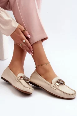 Skórzane Mokasyny Damskie Z Ozdobą Laura Messi 2761 Jasnobeżowe