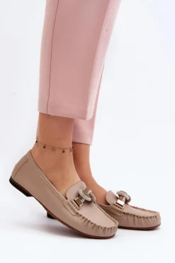 Skórzane Mokasyny Damskie Z Ozdobą Laura Messi 2761 Beżowe