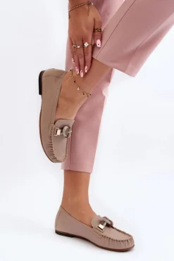 Skórzane Mokasyny Damskie Z Ozdobą Laura Messi 2761 Beżowe