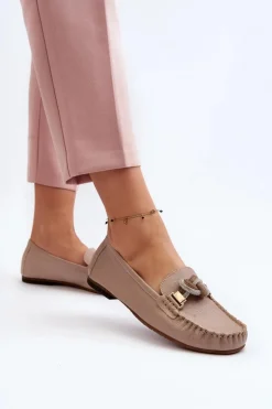 Skórzane Mokasyny Damskie Z Ozdobą Laura Messi 2761 Beżowe