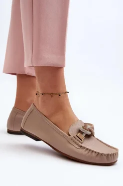 Skórzane Mokasyny Damskie Z Ozdobą Laura Messi 2761 Beżowe