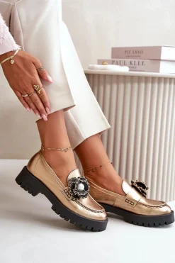 Skórzane Mokasyny Damskie Ozdobione Kwiatkiem Złote CheBello 4520