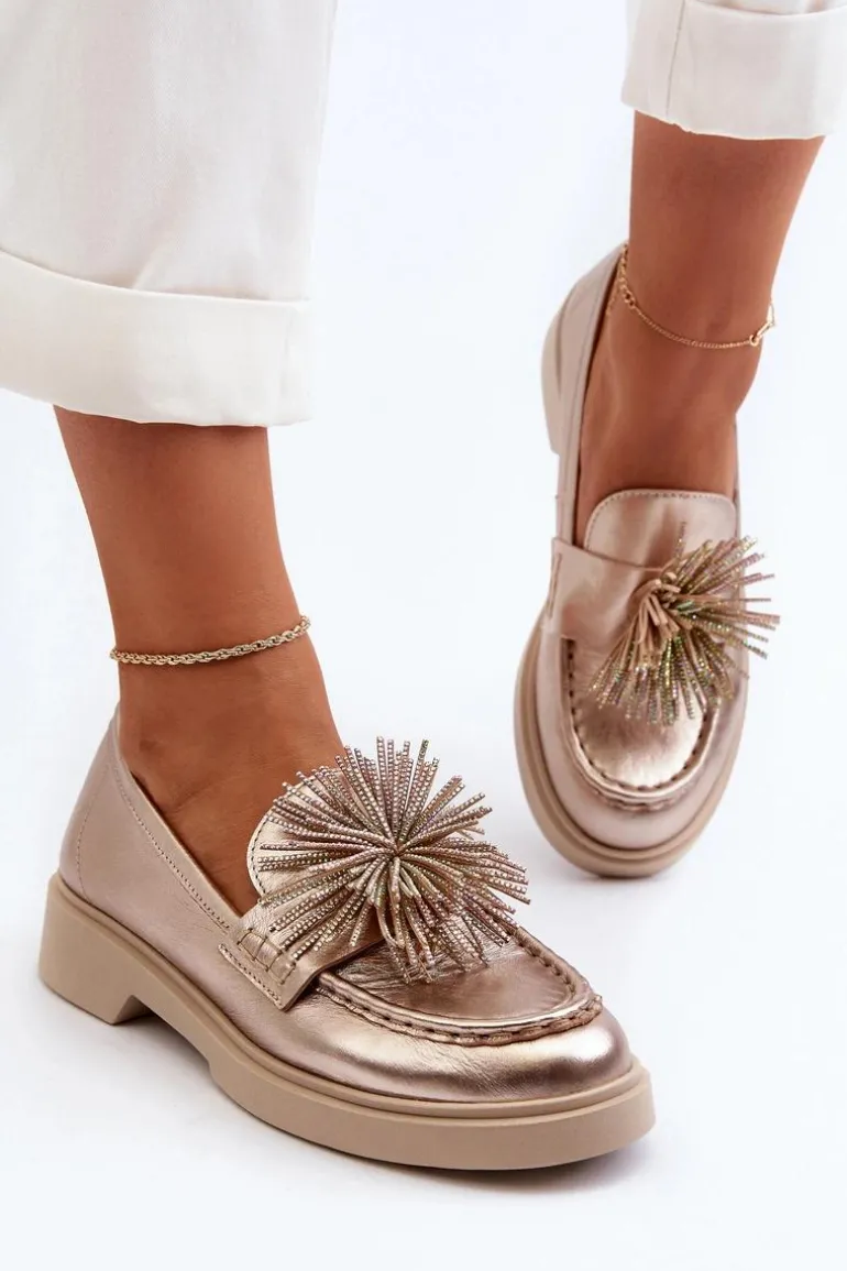 Skórzane Mokasyny Damskie CheBello 4383 Złote