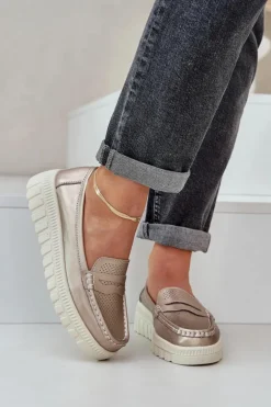 Skórzane Mokasyny Damskie Na Platformie I Koturnie Różowe Złoto Elanindel