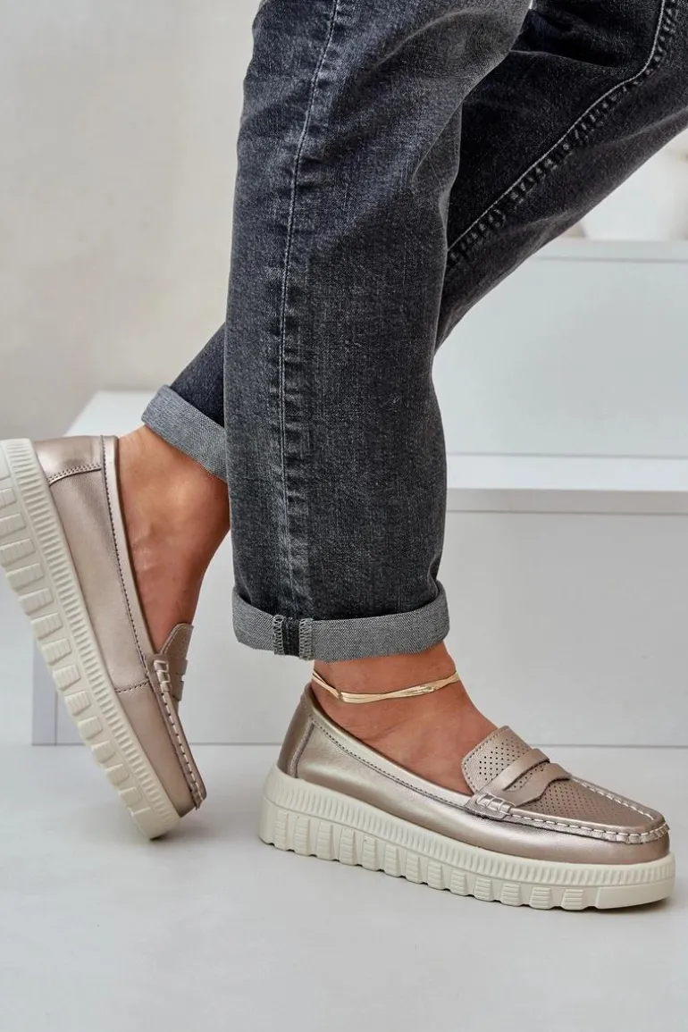 Skórzane Mokasyny Damskie Na Platformie I Koturnie Różowe Złoto Elanindel