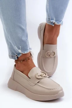 Skórzane Mokasyny Damskie Na Platformie Beżowe S.Barski LR490