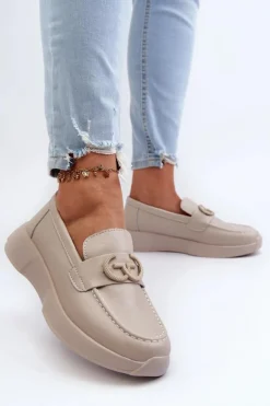 Skórzane Mokasyny Damskie Na Platformie Beżowe S.Barski LR490