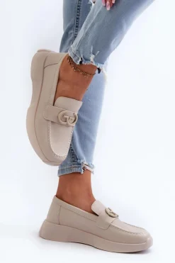 Skórzane Mokasyny Damskie Na Platformie Beżowe S.Barski LR490