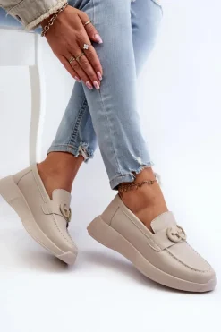 Skórzane Mokasyny Damskie Na Platformie Beżowe S.Barski LR490