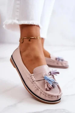 Skórzane Mokasyny Damskie Z Frędzlami Różowe Laressa