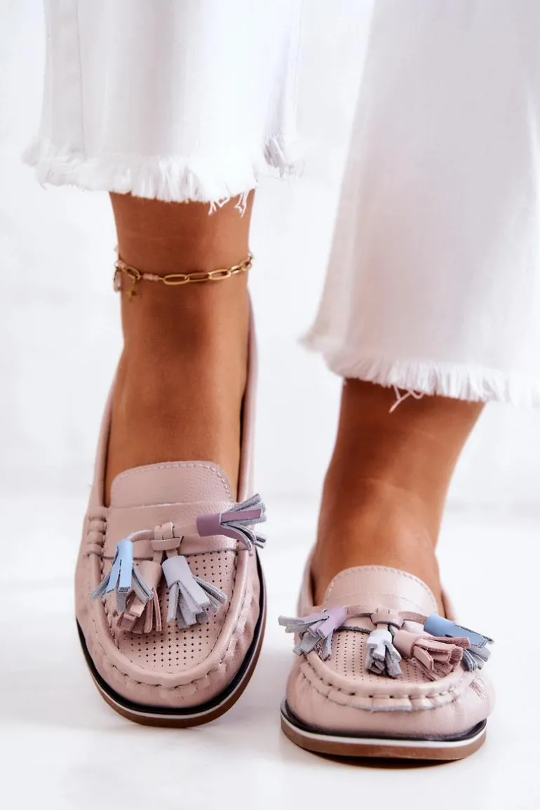 Skórzane Mokasyny Damskie Z Frędzlami Różowe Laressa