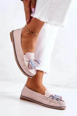 Skórzane Mokasyny Damskie Z Frędzlami Różowe Laressa