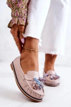 Skórzane Mokasyny Damskie Z Frędzlami Różowe Laressa