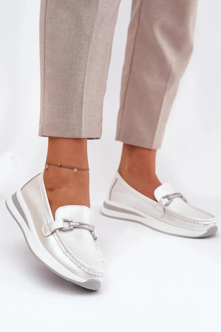 Skórzane Mokasyny Damskie S.Barski GR51-598 Perłowe