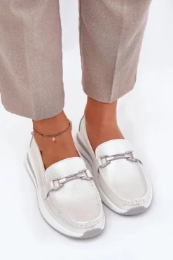 Skórzane Mokasyny Damskie S.Barski GR51-598 Perłowe