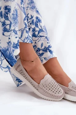 Skórzane Mokasyny Damskie Z Ażurowym Wzorem Vinceza 88028 Beżowe