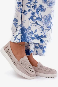 Skórzane Mokasyny Damskie Z Ażurowym Wzorem Vinceza 88028 Beżowe