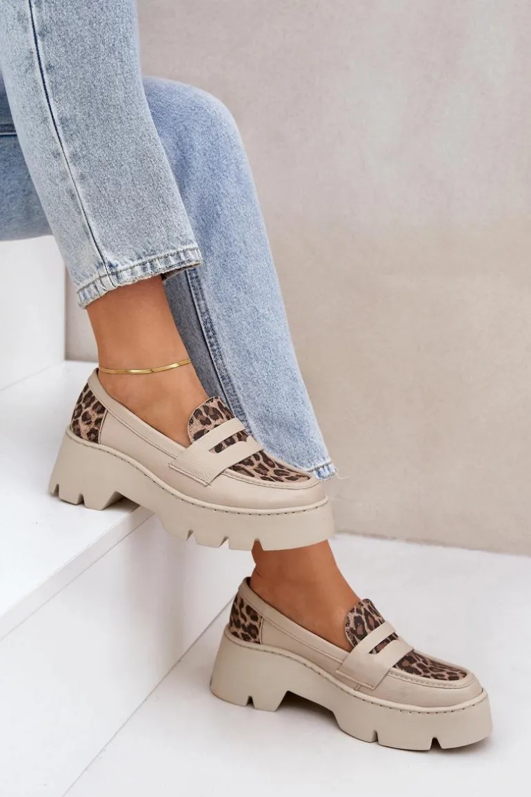 Skórzane Mokasyny Damskie Na Platformie I Płaskim Obcasie Panterka Zazoo 20191 Jasnobeżowe