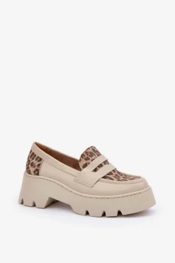 Skórzane Mokasyny Damskie Na Platformie I Płaskim Obcasie Panterka Zazoo 20191 Jasnobeżowe