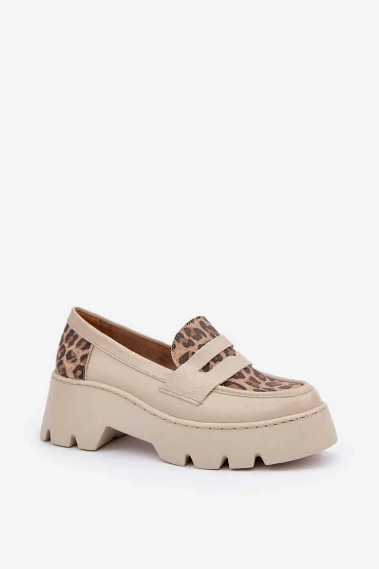 Skórzane Mokasyny Damskie Na Platformie I Płaskim Obcasie Panterka Zazoo 20191 Jasnobeżowe