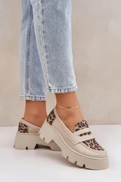 Skórzane Mokasyny Damskie Na Platformie I Płaskim Obcasie Panterka Zazoo 20191 Jasnobeżowe