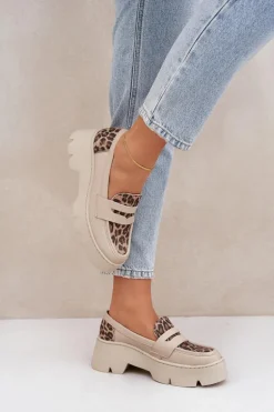 Skórzane Mokasyny Damskie Na Platformie I Płaskim Obcasie Panterka Zazoo 20191 Jasnobeżowe