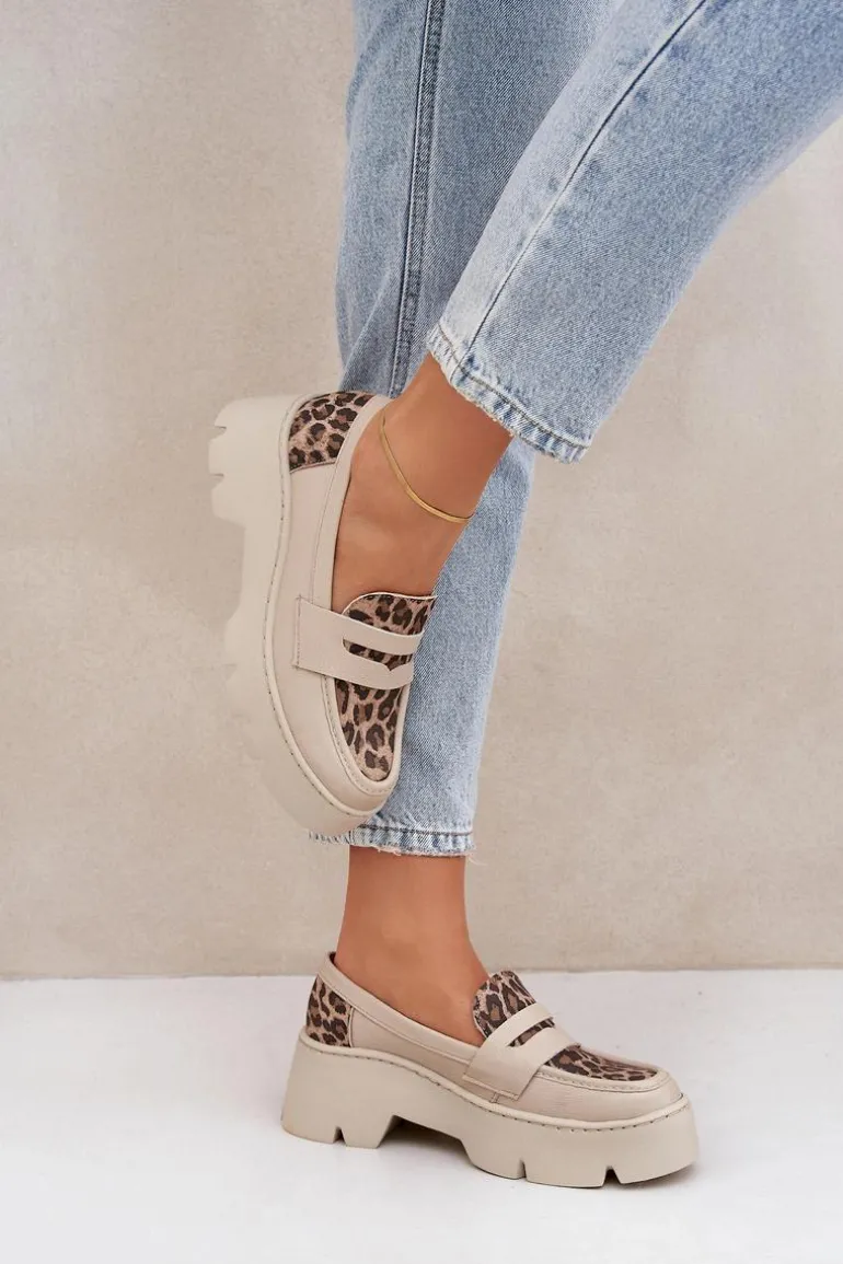 Skórzane Mokasyny Damskie Na Platformie I Płaskim Obcasie Panterka Zazoo 20191 Jasnobeżowe