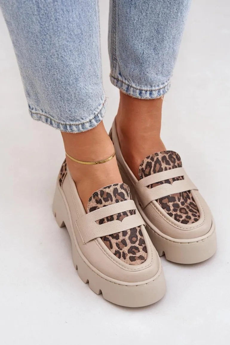 Skórzane Mokasyny Damskie Na Platformie I Płaskim Obcasie Panterka Zazoo 20191 Jasnobeżowe