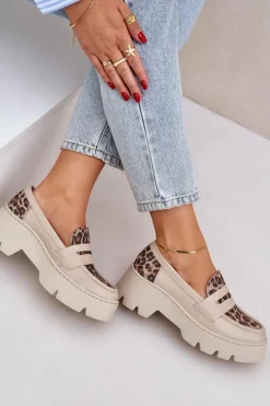 Skórzane Mokasyny Damskie Na Platformie I Płaskim Obcasie Panterka Zazoo 20191 Jasnobeżowe