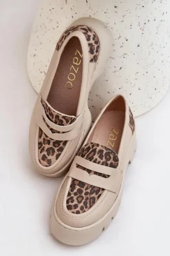 Skórzane Mokasyny Damskie Na Platformie I Płaskim Obcasie Panterka Zazoo 20191 Jasnobeżowe