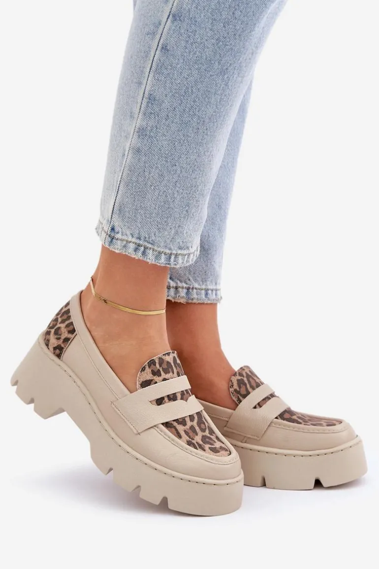 Skórzane Mokasyny Damskie Na Platformie I Płaskim Obcasie Panterka Zazoo 20191 Jasnobeżowe