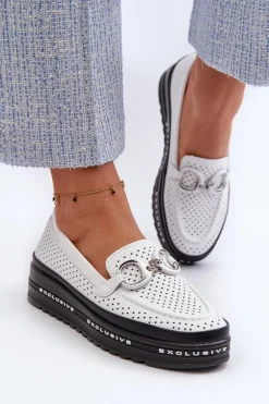 Skórzane Mokasyny Damskie Na Platformie Z Ozdobą S.Barski LR750 Białe