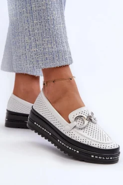 Skórzane Mokasyny Damskie Na Platformie Z Ozdobą S.Barski LR750 Białe