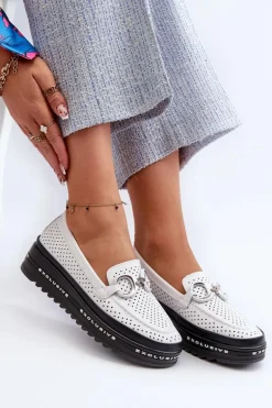 Skórzane Mokasyny Damskie Na Platformie Z Ozdobą S.Barski LR750 Białe