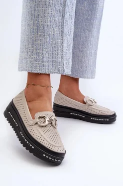 Skórzane Mokasyny Damskie Na Platformie Z Ozdobą S.Barski LR750 Beżowe