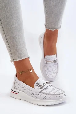 Skórzane Mokasyny Damskie Białe Veridinna