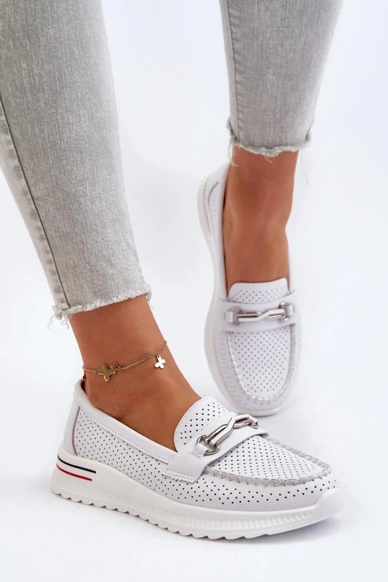 Skórzane Mokasyny Damskie Białe Veridinna