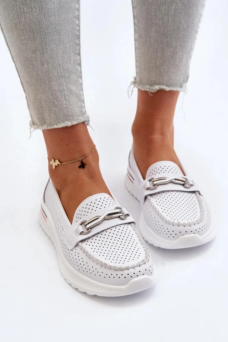 Skórzane Mokasyny Damskie Białe Veridinna