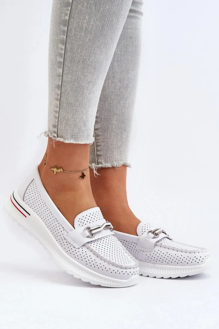 Skórzane Mokasyny Damskie Białe Veridinna